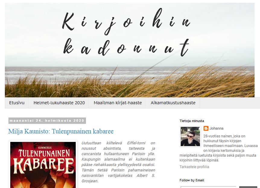 Kirjoihin kadonnut -blogin etusivu